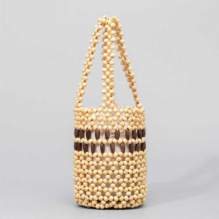 Buddha Stones Handgeweven emmer, draagbare Handtas van houten kralen - Beige 12*12*17cm - image 7