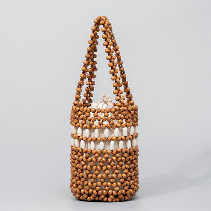 Buddha Stones Handgeweven emmer, draagbare Handtas van houten kralen - Lichtbruin 12*12*17 cm - image 0