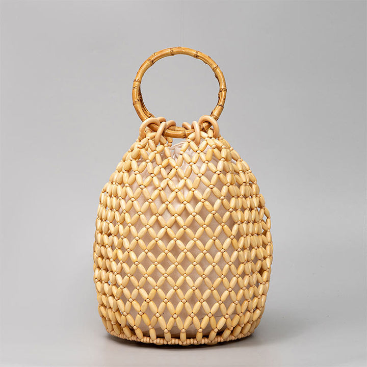 Buddha Stones Handgeweven schoudertas met houten kralen en bamboe Schoudertas - Geel 20*20*28,6 cm - image 0