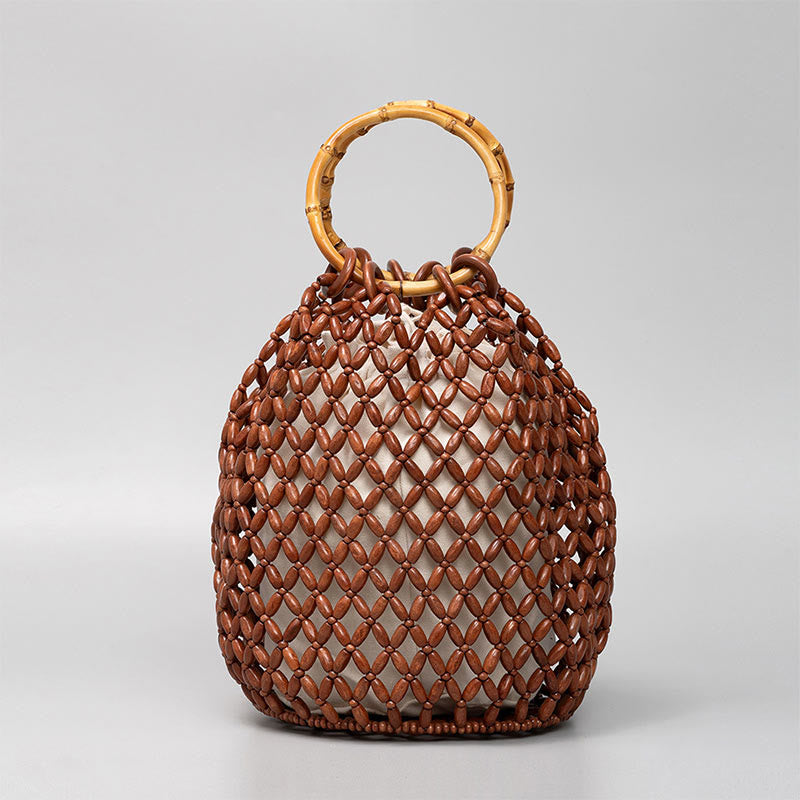 Buddha Stones Handgeweven schoudertas met houten kralen en bamboe Schoudertas - Bruin 20*20*28,6 cm - image 9