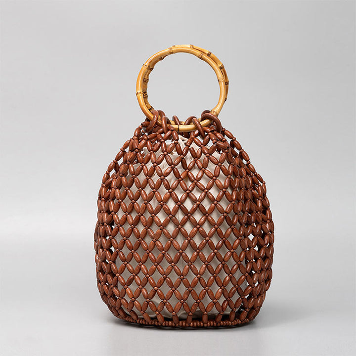 Buddha Stones Handgeweven schoudertas met houten kralen en bamboe Schoudertas - Bruin 20*20*28,6 cm - image 9