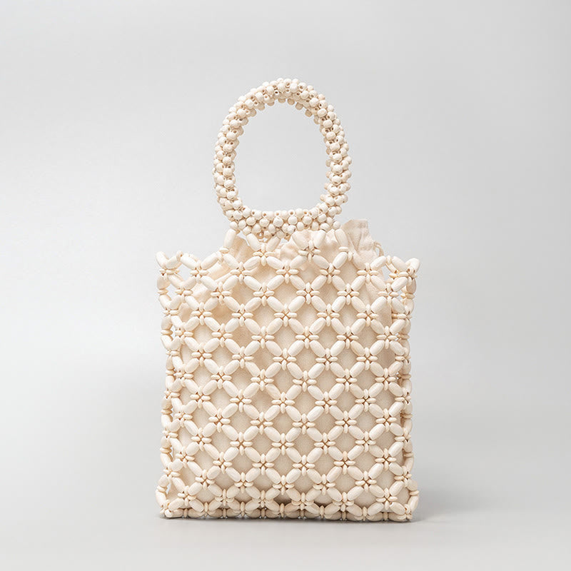 Buddha Stones Handgeweven Handtas met ruitvormige houten kralen - Beige 23*23*2,5 cm - image 10