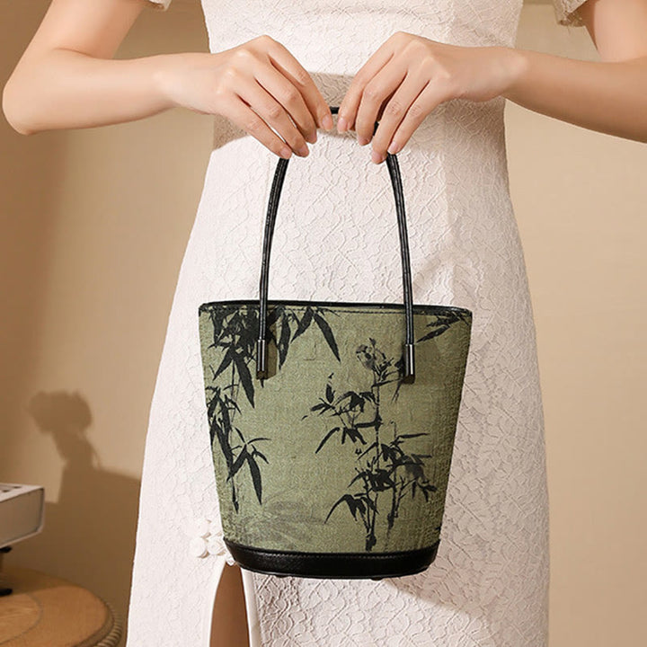 Buddha Stones Vintage Schoudertas (crossbody) met groene bamboeprint . - image 2