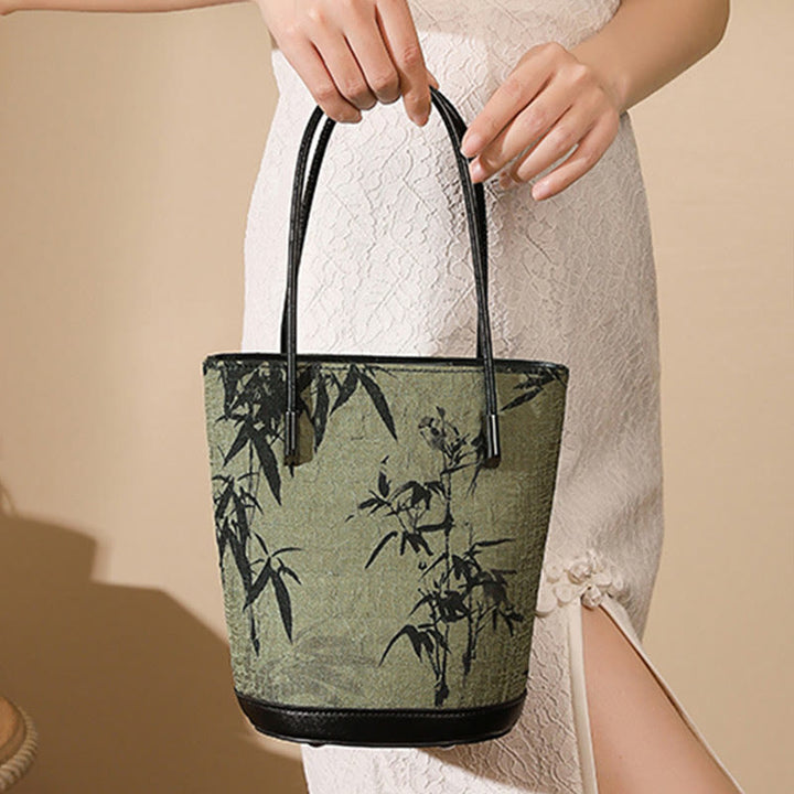 Buddha Stones Vintage Schoudertas (crossbody) met groene bamboeprint . - image 3