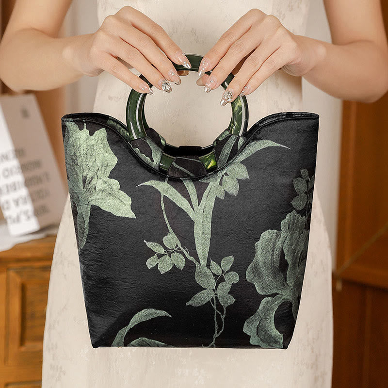 Buddha Stones Vintage Handtas met print van zwarte en groene orchideeën - image 2