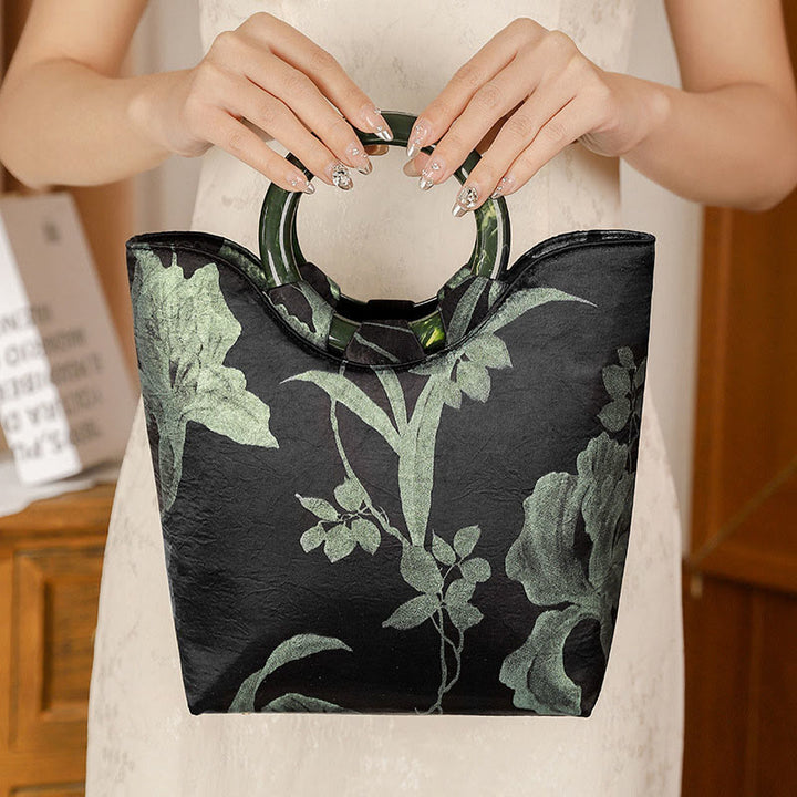 Buddha Stones Vintage Handtas met print van zwarte en groene orchideeën - image 2