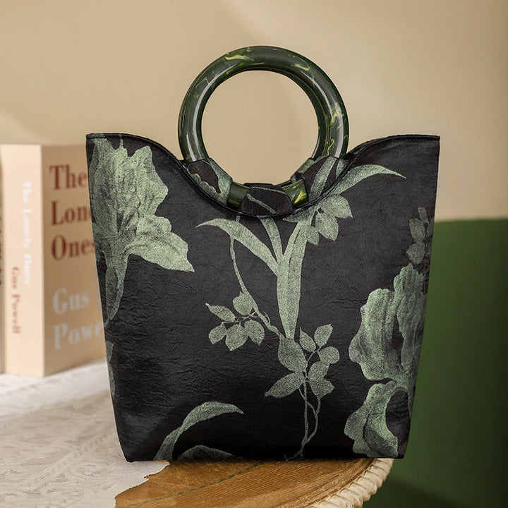 Buddha Stones Vintage Handtas met print van zwarte en groene orchideeën - Groene orchideeën 20*8,5*23 cm - image 0