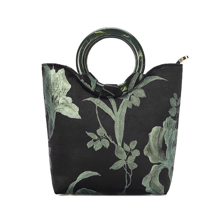Buddha Stones Vintage Handtas met print van zwarte en groene orchideeën - image 3