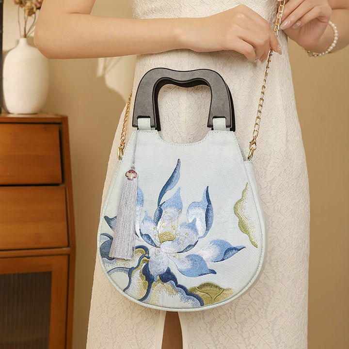 Buddha Stones Handtas/ Schoudertas (crossbody) met lotusborduurwerk - Lotus Lichtgroen 23*7*23cm - image 7