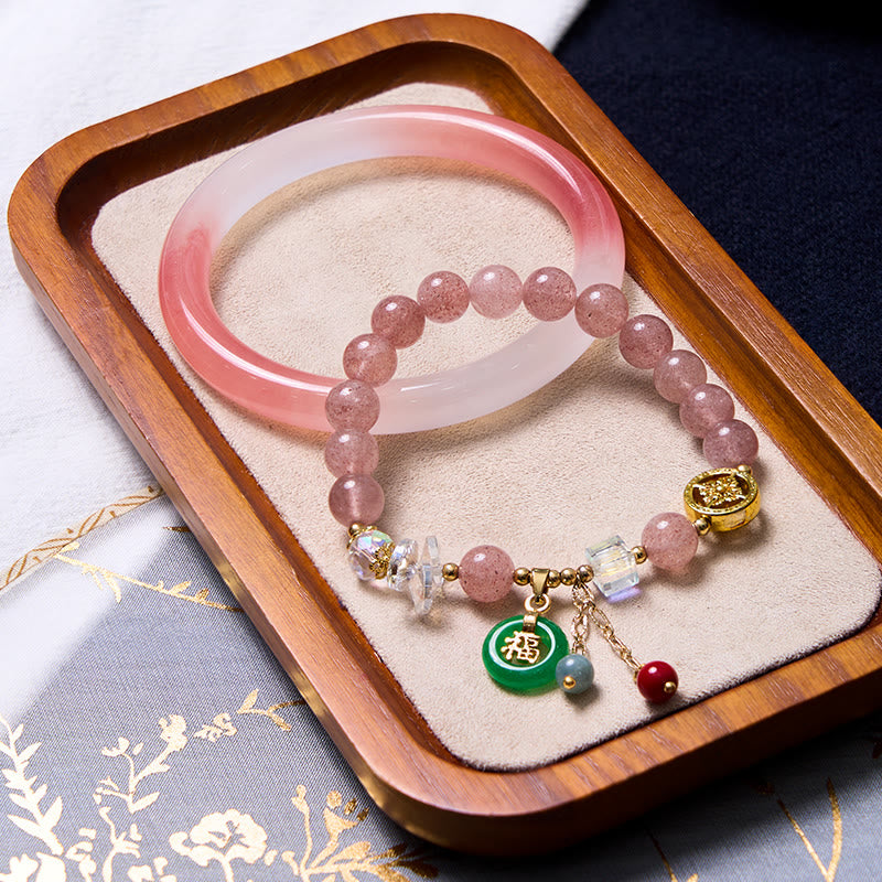 Buddha Stones Roze Bangle-armband die liefde en bescherming aantrekt - Armband van aardbeikwarts met roze gouden zijden jade (62-64 mm) - image 0