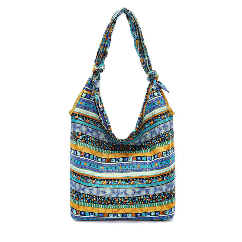 Buddha Stones Schoudertas (crossbody) met katoenen strepen - Blauwe strepen 30*11*30cm - image 2