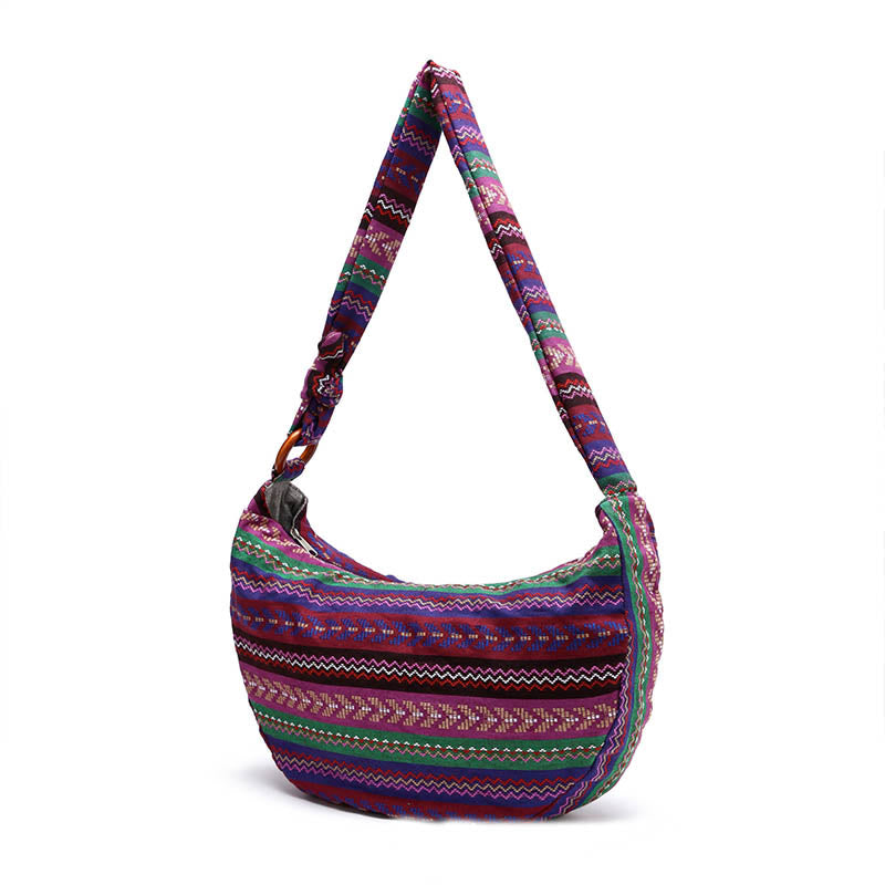 Buddha Stones Schoudertas (crossbody) met katoenen strepenprint - Rood-paarse strepen 44*10*25cm - image 16