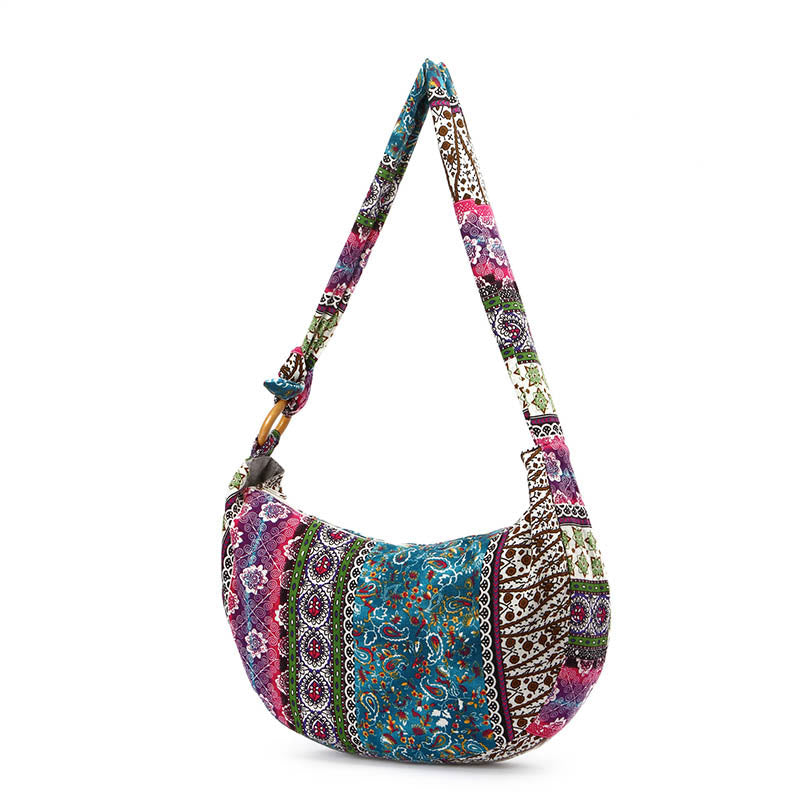 Buddha Stones Schoudertas (crossbody) met katoenen strepenprint - Blauwpaarse strepen 44*10*25cm - image 8