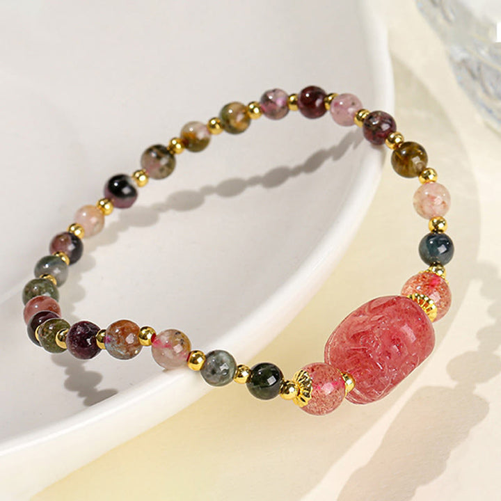 Buddha Stones Maansteen Aardbeikwarts Toermalijn PiXiu Genezende Armband - image 8