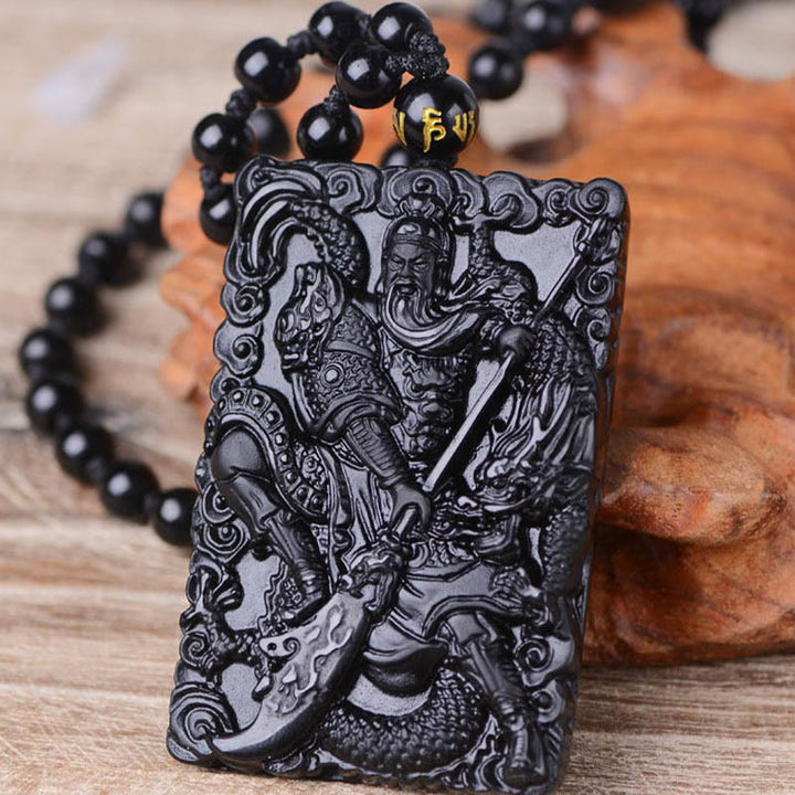 Buddha Stones Zwarte obsidiaan Guan Gong amulet met gegraveerde Ketting - image 6