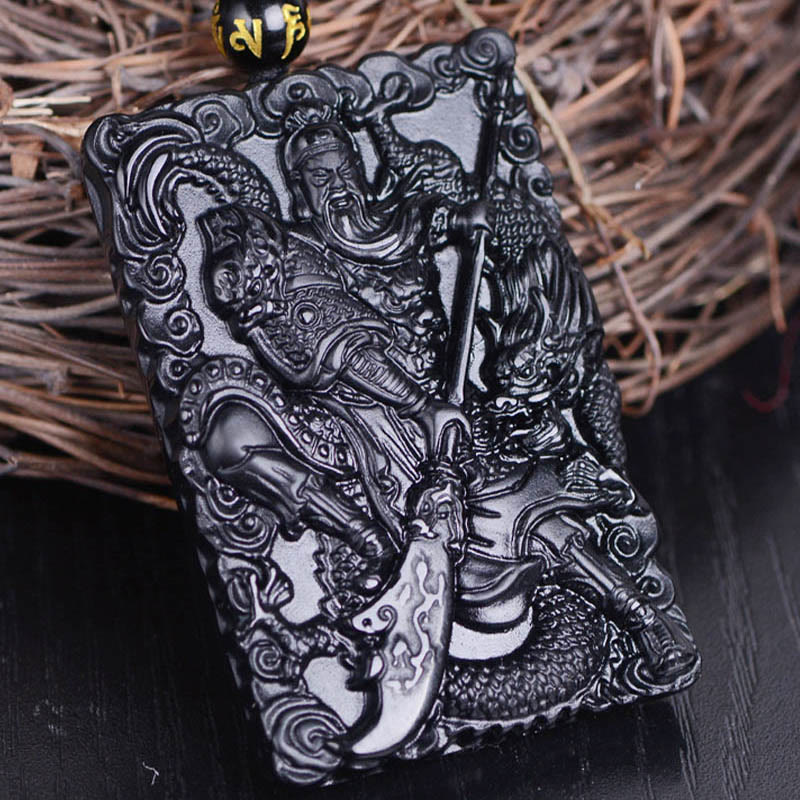 Buddha Stones Zwarte obsidiaan Guan Gong amulet met gegraveerde Ketting - image 7