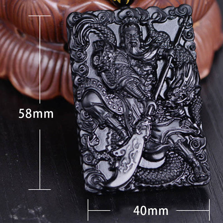 Buddha Stones Zwarte obsidiaan Guan Gong amulet met gegraveerde Ketting - image 8