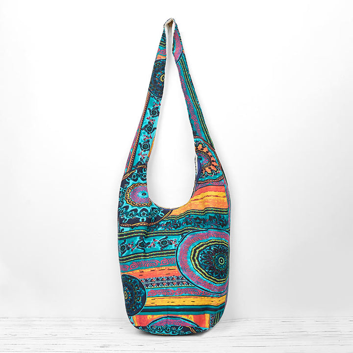 Buddha Stones Blauwe katoenen Schoudertas (crossbody) met Schoudertas - Blauw bloemenpatroon 36*19*34cm - image 0