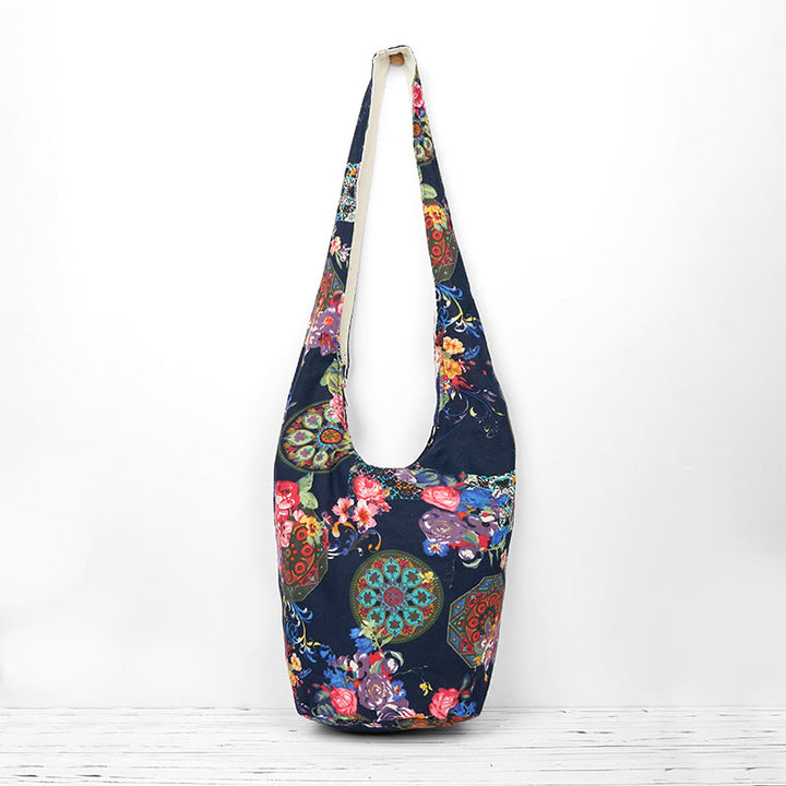 Buddha Stones Schoudertas (crossbody) met katoenen Schoudertas - Marineblauw bloemenpatroon 36*19*34cm - image 0