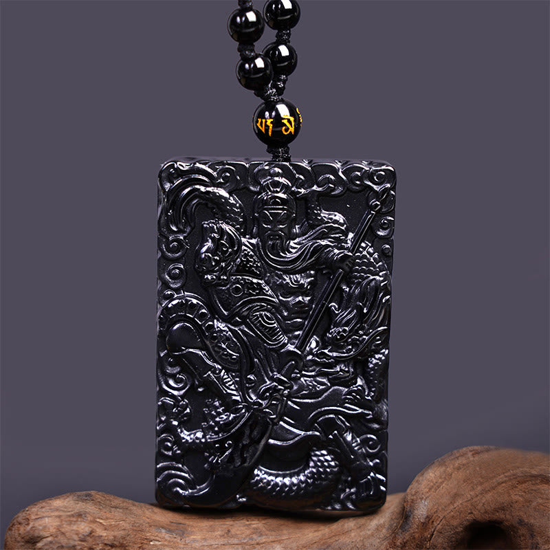 Buddha Stones Zwarte obsidiaan Guan Gong amulet met gegraveerde Ketting - image 3