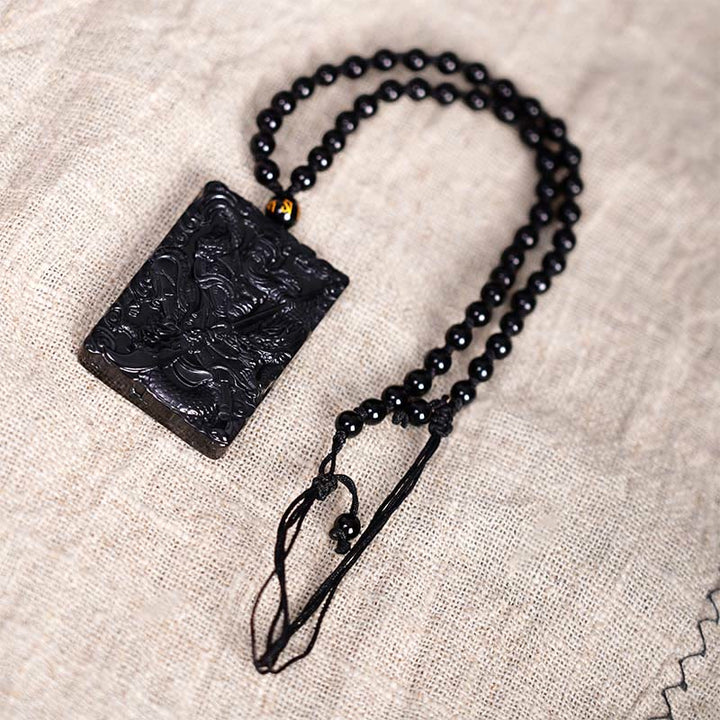 Buddha Stones Zwarte obsidiaan Guan Gong amulet met gegraveerde Ketting - image 5