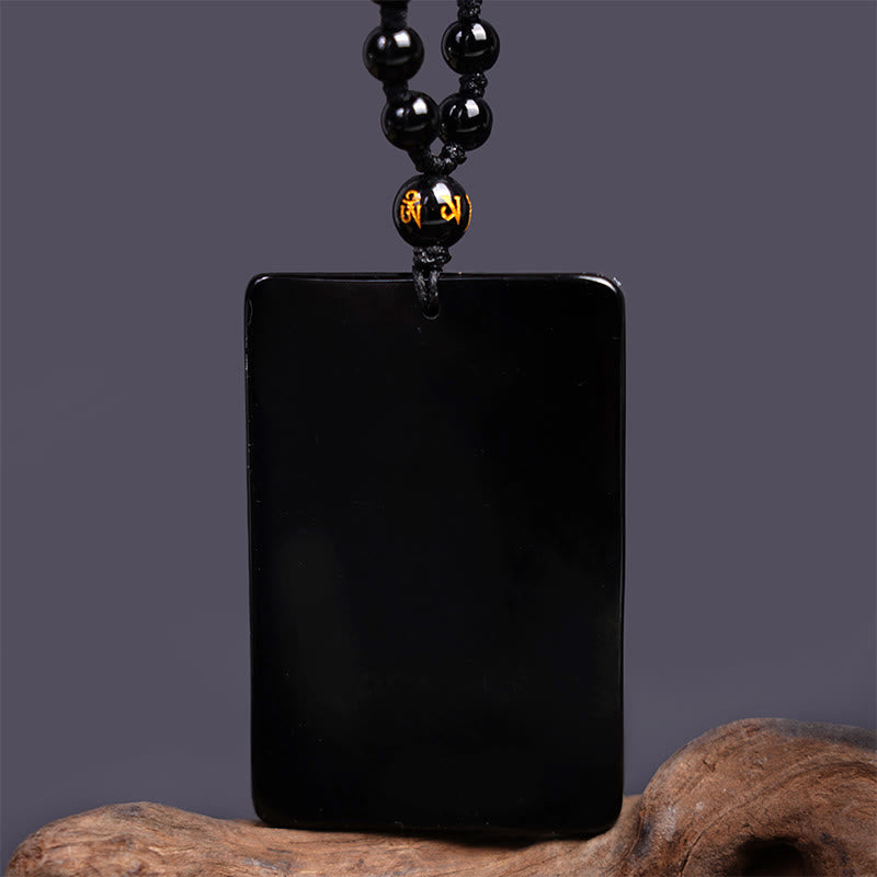 Buddha Stones Zwarte obsidiaan Guan Gong amulet met gegraveerde Ketting - image 4