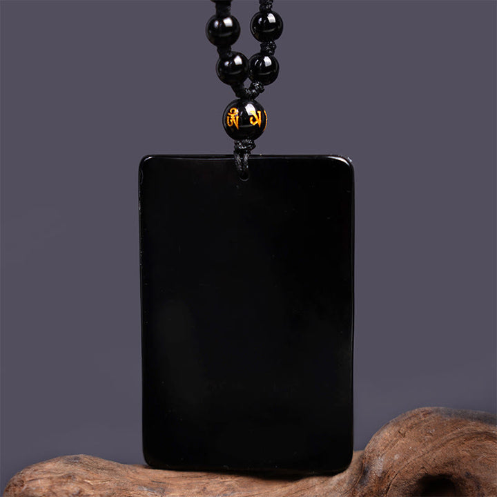 Buddha Stones Zwarte obsidiaan Guan Gong amulet met gegraveerde Ketting - image 4