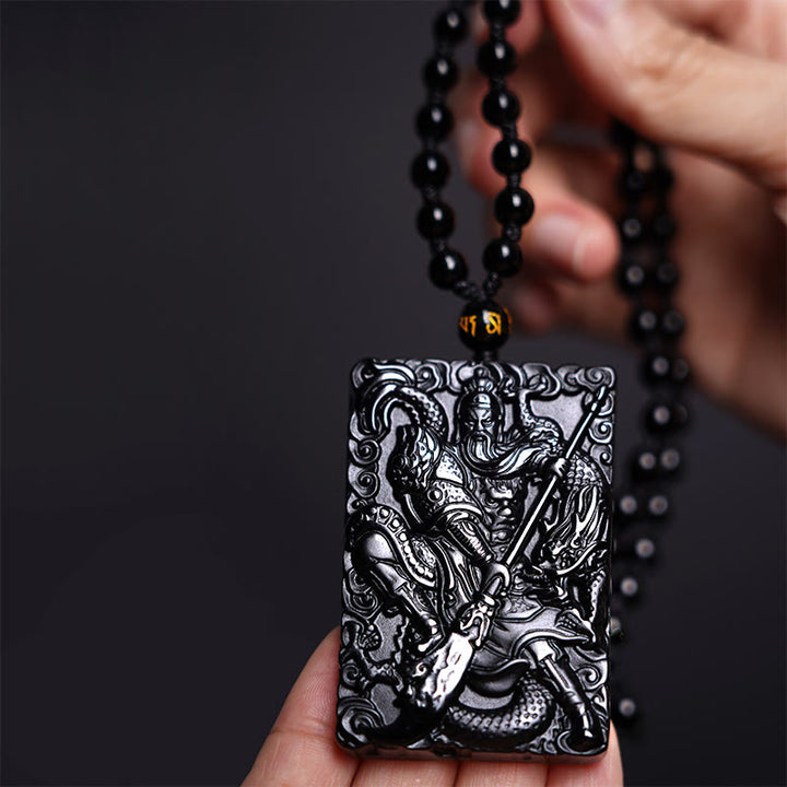 Buddha Stones Zwarte obsidiaan Guan Gong amulet met gegraveerde Ketting - image 1