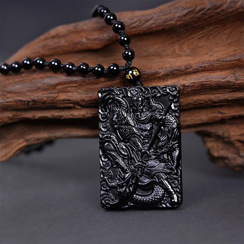 Buddha Stones Zwarte obsidiaan Guan Gong amulet met gegraveerde Ketting - Guan Gong (Rechtvaardigheid♥Rijkdom) - image 0