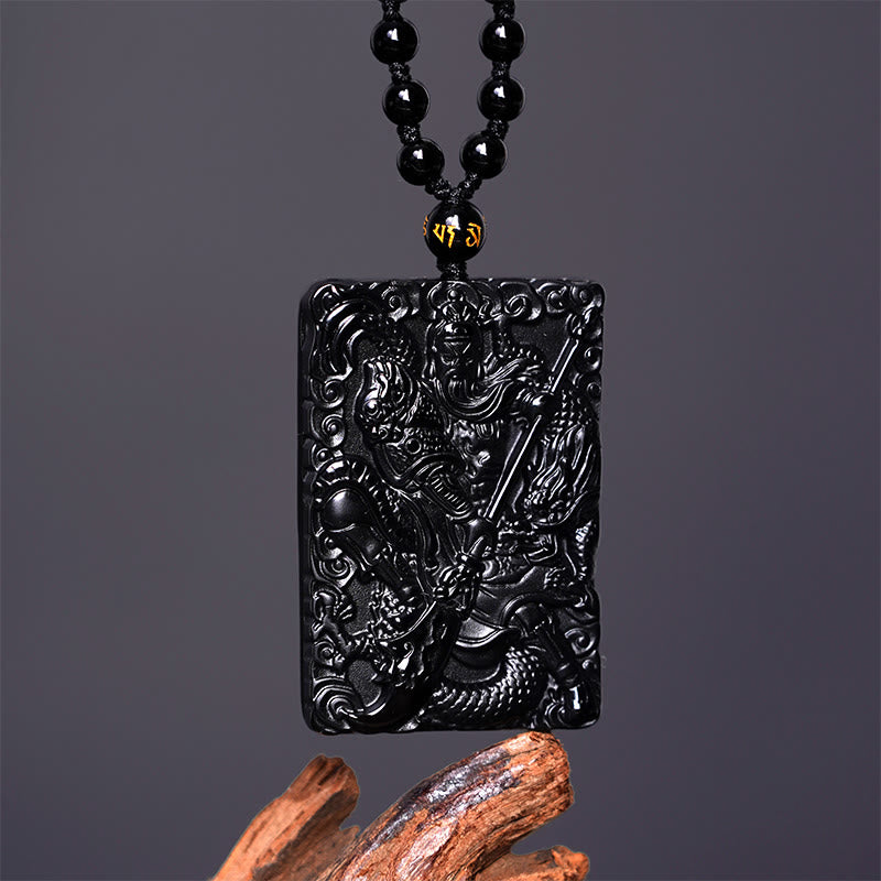Buddha Stones Zwarte obsidiaan Guan Gong amulet met gegraveerde Ketting - image 2