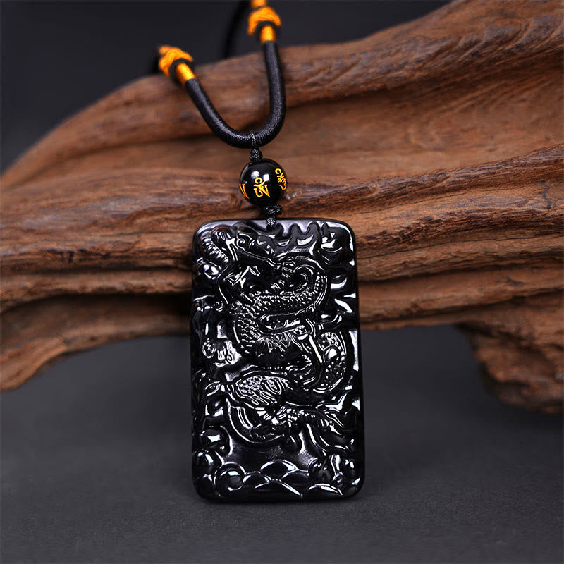 Buddha Stones Natuurlijke zwarte obsidiaan rechthoekige draak gegraveerde succes Ketting - image 1
