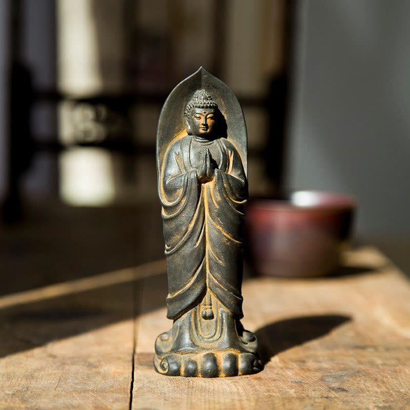 Buddha Stones Handgemaakte Sakyamuni Boeddha Namaste ijzerpoeder roest gegoten hars standbeeld decoratie - Roestkleurige Boeddha 14,5*5*3,4 cm - image 0