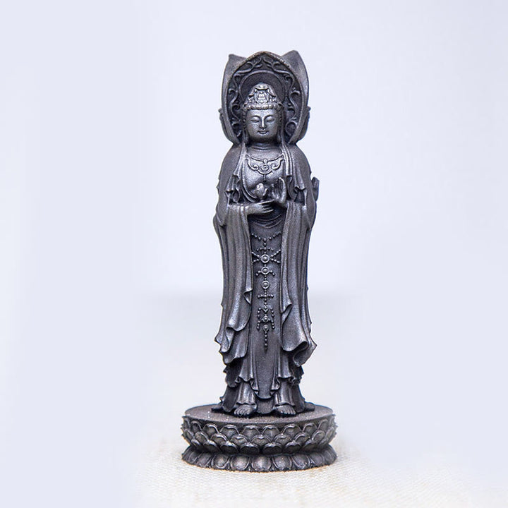 Buddha Stones Driezijdig Kwan Yin Avalokitesvara beeldje van ijzerpoederroest gegoten hars, rijkdomssymbool voor op het bureau. - Gepolijste versie 16,5*5,6*5,6 cm - image 13
