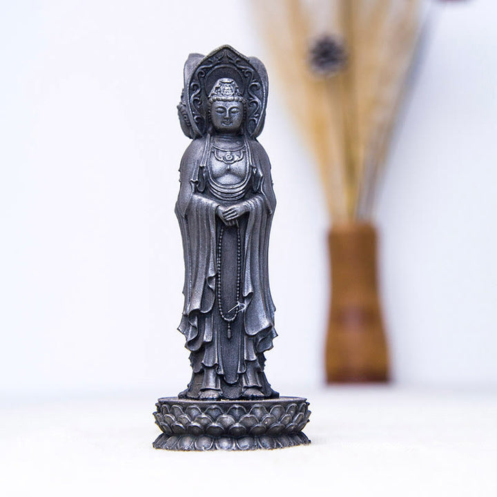 Buddha Stones Driezijdig Kwan Yin Avalokitesvara beeldje van ijzerpoederroest gegoten hars, rijkdomssymbool voor op het bureau. - image 14