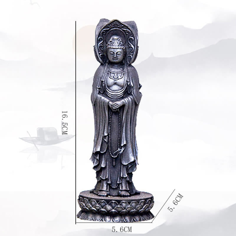 Buddha Stones Driezijdig Kwan Yin Avalokitesvara beeldje van ijzerpoederroest gegoten hars, rijkdomssymbool voor op het bureau. - image 25