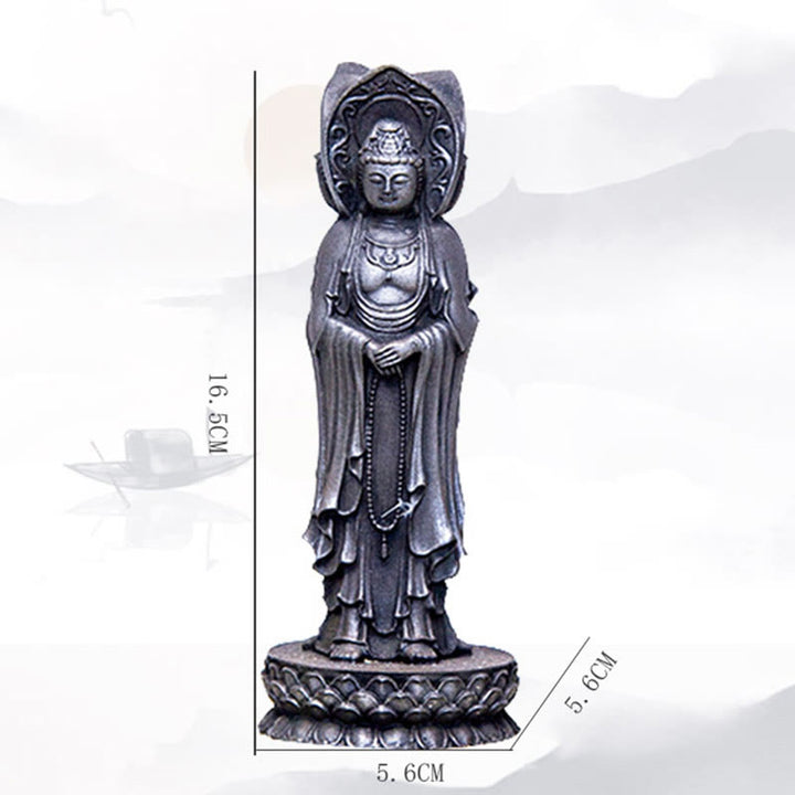 Buddha Stones Driezijdig Kwan Yin Avalokitesvara beeldje van ijzerpoederroest gegoten hars, rijkdomssymbool voor op het bureau. - image 25
