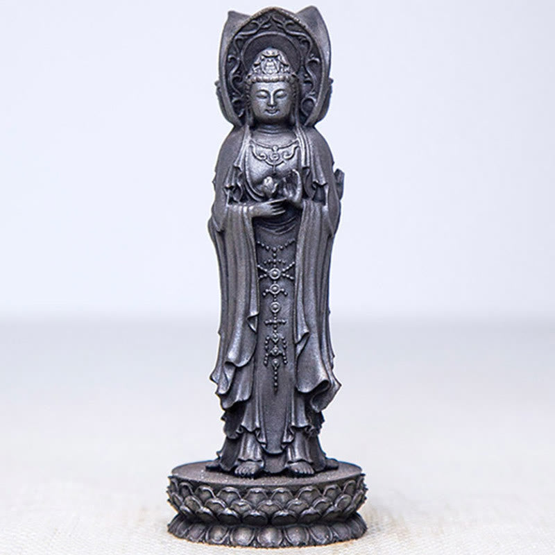 Buddha Stones Driezijdig Kwan Yin Avalokitesvara beeldje van ijzerpoederroest gegoten hars, rijkdomssymbool voor op het bureau. - image 18