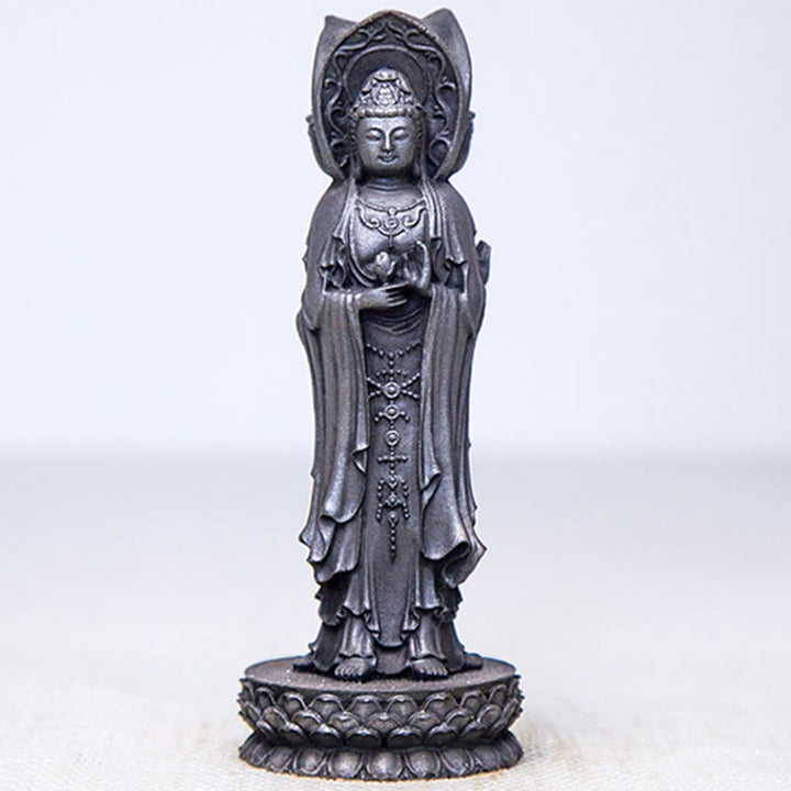 Buddha Stones Driezijdig Kwan Yin Avalokitesvara beeldje van ijzerpoederroest gegoten hars, rijkdomssymbool voor op het bureau. - image 18