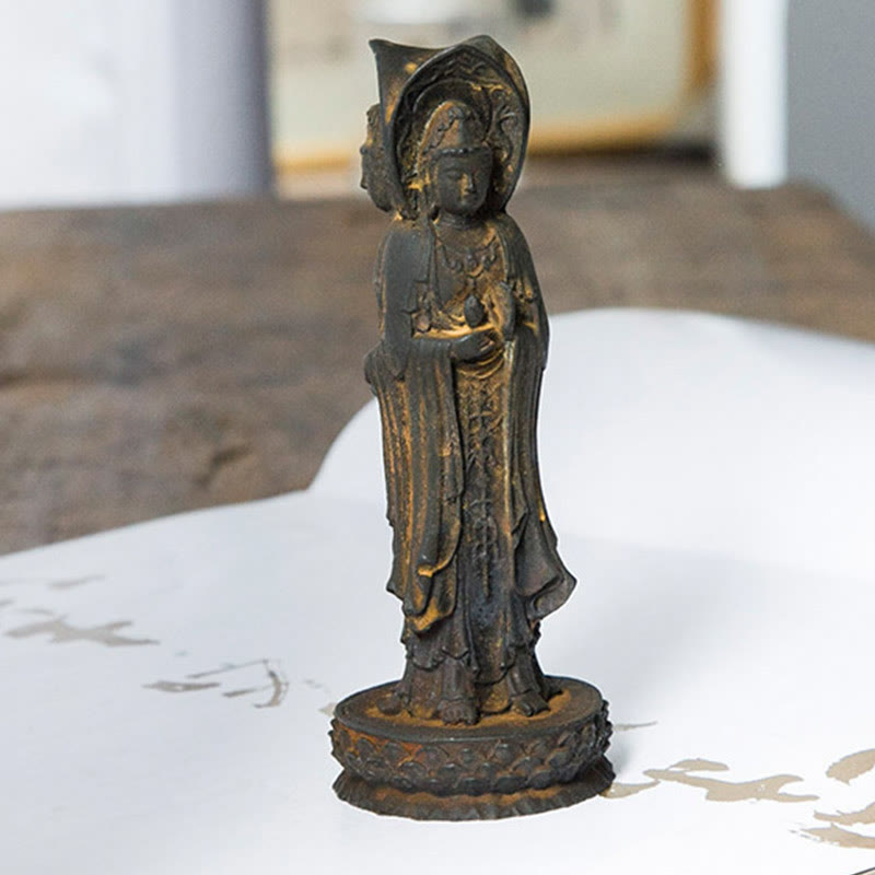 Buddha Stones Driezijdig Kwan Yin Avalokitesvara beeldje van ijzerpoederroest gegoten hars, rijkdomssymbool voor op het bureau. - image 7