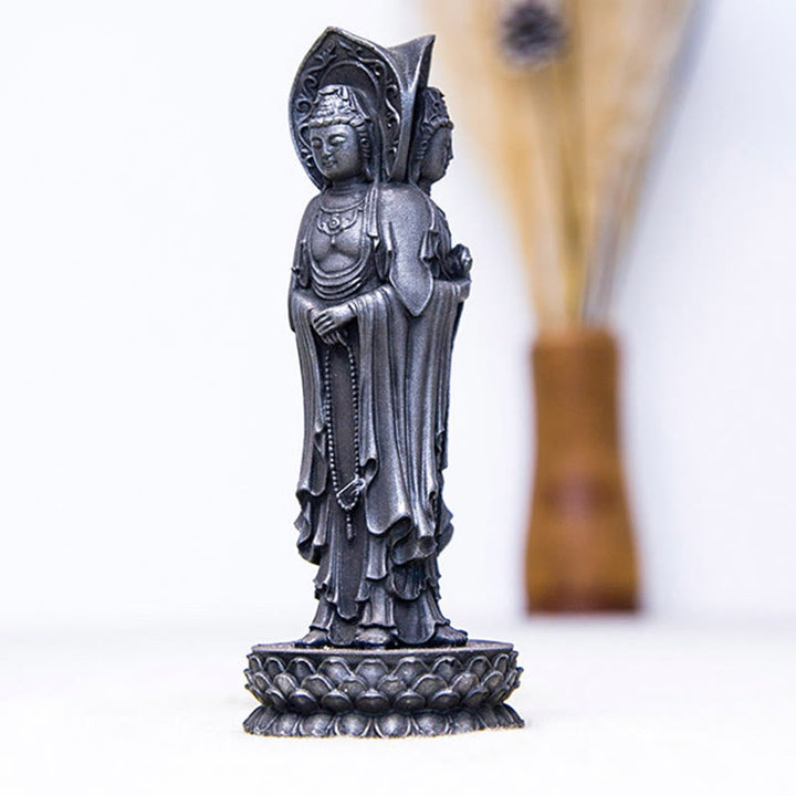 Buddha Stones Driezijdig Kwan Yin Avalokitesvara beeldje van ijzerpoederroest gegoten hars, rijkdomssymbool voor op het bureau. - image 16