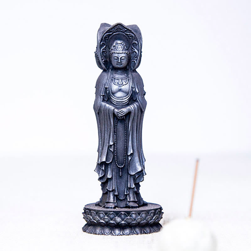 Buddha Stones Driezijdig Kwan Yin Avalokitesvara beeldje van ijzerpoederroest gegoten hars, rijkdomssymbool voor op het bureau. - image 23