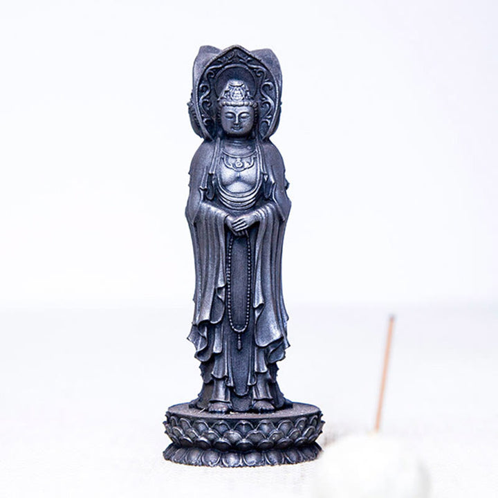 Buddha Stones Driezijdig Kwan Yin Avalokitesvara beeldje van ijzerpoederroest gegoten hars, rijkdomssymbool voor op het bureau. - image 23