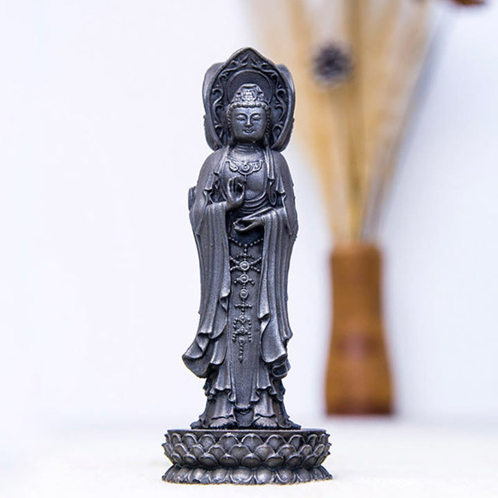 Buddha Stones Driezijdig Kwan Yin Avalokitesvara beeldje van ijzerpoederroest gegoten hars, rijkdomssymbool voor op het bureau. - image 22