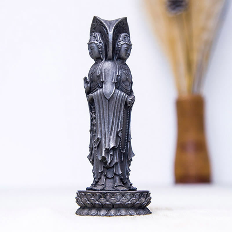 Buddha Stones Driezijdig Kwan Yin Avalokitesvara beeldje van ijzerpoederroest gegoten hars, rijkdomssymbool voor op het bureau. - image 15