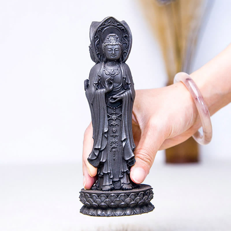 Buddha Stones Driezijdig Kwan Yin Avalokitesvara beeldje van ijzerpoederroest gegoten hars, rijkdomssymbool voor op het bureau. - image 20