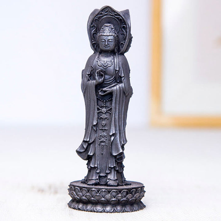 Buddha Stones Driezijdig Kwan Yin Avalokitesvara beeldje van ijzerpoederroest gegoten hars, rijkdomssymbool voor op het bureau. - image 17