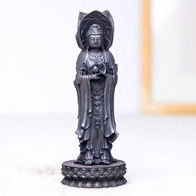 Buddha Stones Driezijdig Kwan Yin Avalokitesvara beeldje van ijzerpoederroest gegoten hars, rijkdomssymbool voor op het bureau. - image 21