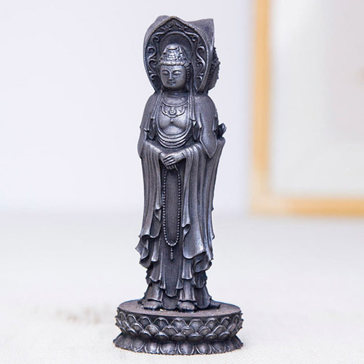 Buddha Stones Driezijdig Kwan Yin Avalokitesvara beeldje van ijzerpoederroest gegoten hars, rijkdomssymbool voor op het bureau. - image 19