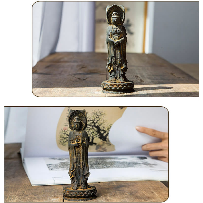 Buddha Stones Driezijdig Kwan Yin Avalokitesvara beeldje van ijzerpoederroest gegoten hars, rijkdomssymbool voor op het bureau. - image 11