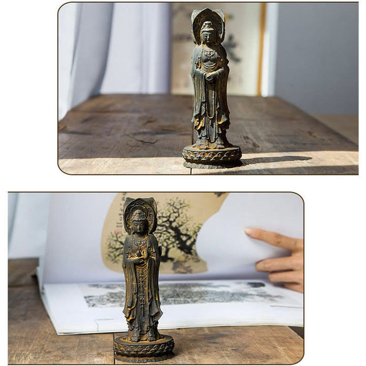 Buddha Stones Driezijdig Kwan Yin Avalokitesvara beeldje van ijzerpoederroest gegoten hars, rijkdomssymbool voor op het bureau. - image 11